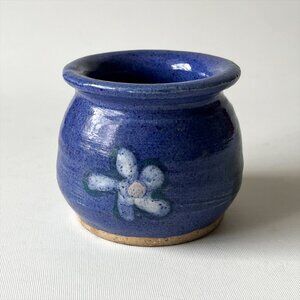 Vintage Signed Studio Art Pottery 3" Planter Vase Blue Floral Hand Thrown